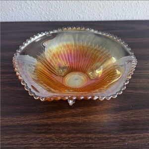 Vintage Jeannette Iridescent Amber Carnival Glass Footed Candy Dish